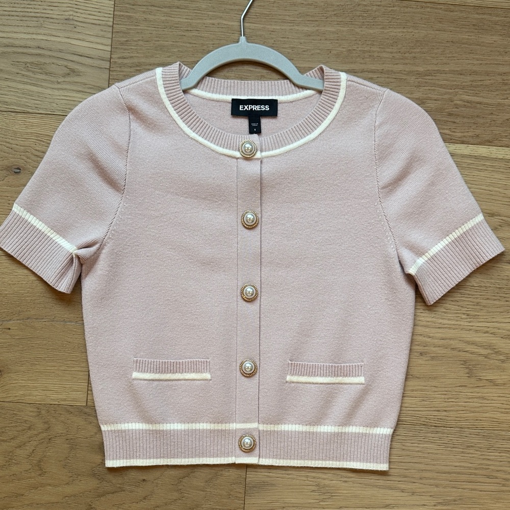 Express Blush Pink Short Sleeve Cardigan with Pearl Buttons